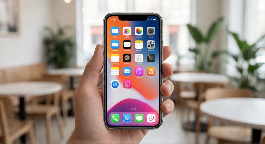 para qué sirve iphone, Persona sosteniendo un iPhone en una cafetería moderna