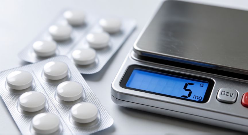para qué sirve iphone 5 mg, Blíster de pastillas y balanza digital indicando dosis de 5 miligramos