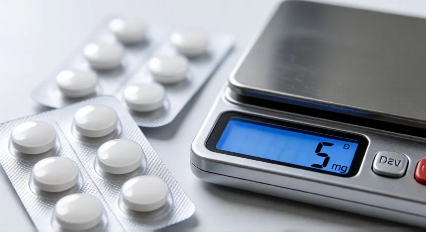 para qué sirve iphone 5 mg, Blíster de pastillas y balanza digital indicando dosis de 5 miligramos