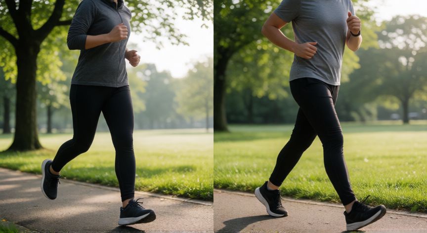 para rebajar es mejor.correr o caminar, Comparación visual de una persona corriendo y otra caminando rápido en un parque