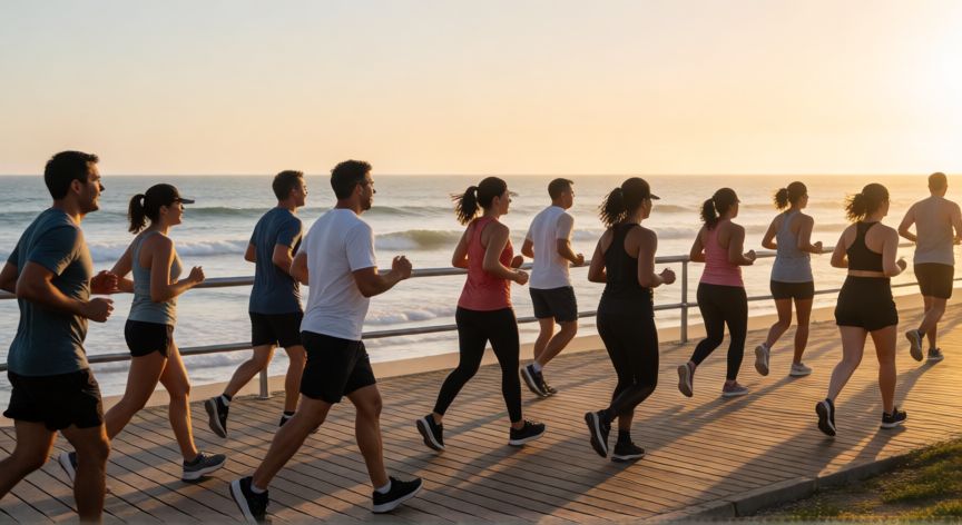 para rebajar es mejor.correr o caminar, Grupo de personas haciendo ejercicio al aire libre en un paseo marítimo al amanecer
