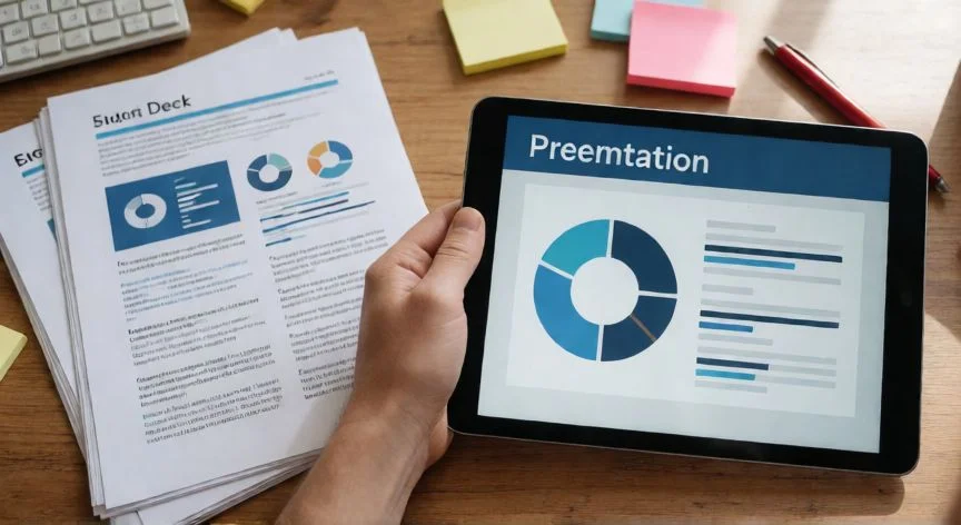 pdf en powerpoint gratis, Mano con tableta mostrando diapositivas junto a documentos PDF impresos en un escritorio