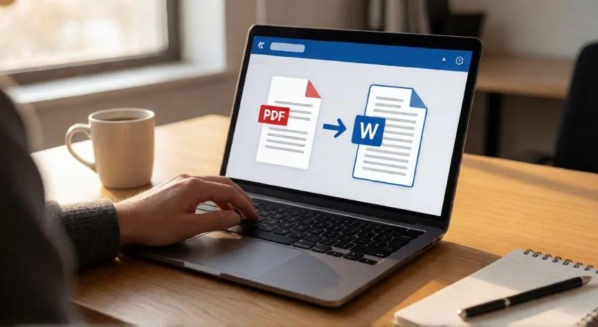 pdf en word gratis, Persona usando un portátil para convertir un PDF a Word desde el escritorio
