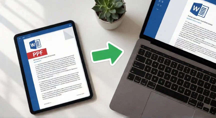 pdf en word gratis, Mesa con tablet mostrando PDF y portátil con documento Word, representando la conversión gratuita
