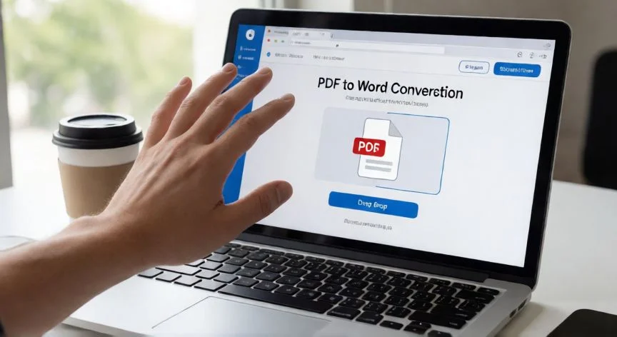 pdf en word online, Persona arrastrando un archivo PDF a un conversor online en su portátil