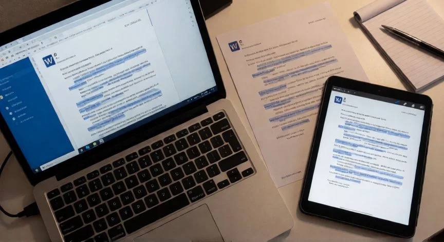 pdf en word online, Comparación visual de un PDF impreso y su versión editada en Word sobre un escritorio