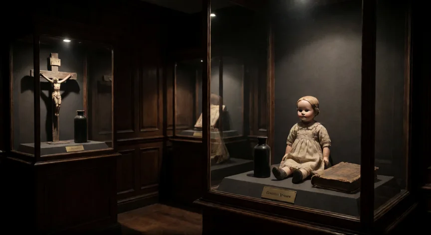 peliculas que hicieron los warren, Sala de museo con objetos paranormales en vitrinas de cristal iluminadas