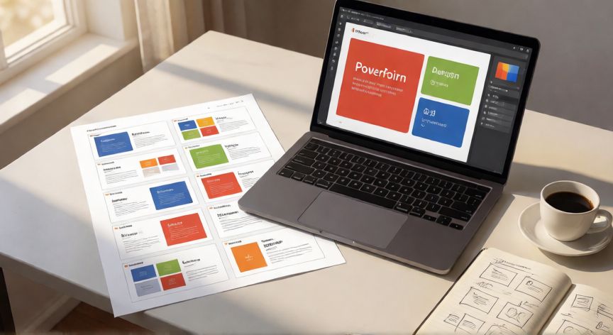plantillas en powerpoint gratis, Espacio de trabajo con portátil mostrando editor de plantillas PowerPoint y catálogo de diseños impreso al lado