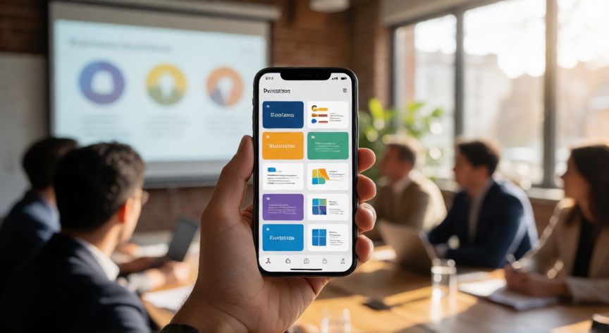 plantillas en powerpoint gratis, Mano mostrando plantillas de presentación en el móvil con sala de reuniones de fondo