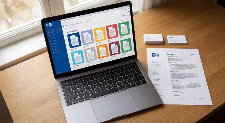 plantillas en word gratis para descargar, Portátil con la galería de plantillas de Word abierta sobre un escritorio de madera