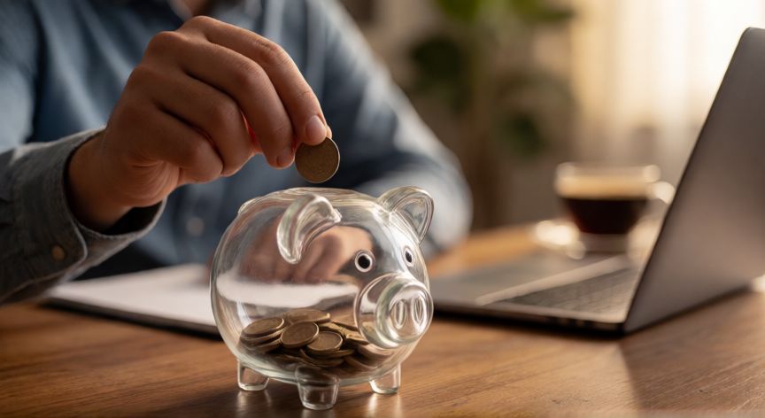por porque ahorrar dinero, Mano ahorrando monedas en un hucha de cristal sobre una mesa de oficina