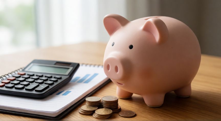 por qué ahorrar, Cerdito de la suerte con monedas en una mesa de oficina