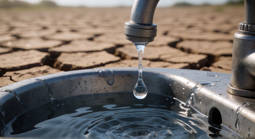 por qué ahorrar agua, Gota de agua cayendo en un lavabos con fondo de tierra agrietada por la sequia