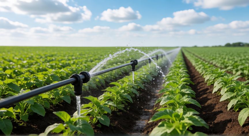 por qué ahorrar agua, Campo agrícola con riego por goteo eficiente bajo cielo azul