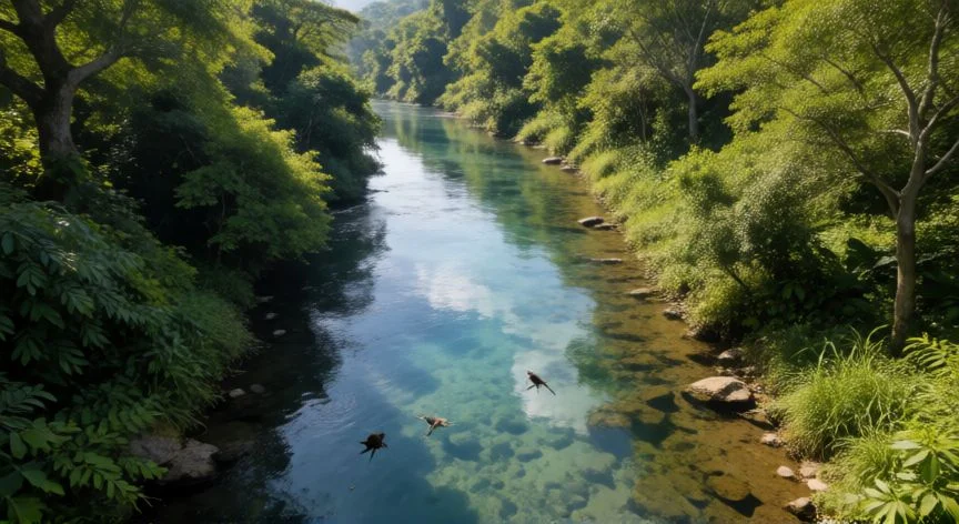 Río fluyendo a través de un bosque denso con vegetación exuberante y agua cristalina