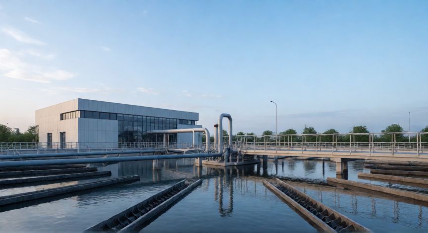 por qué ahorrar agua también ahorra energía, Estación de tratamiento de agua con grandes tanques y tuberías industriales bajo un cielo azul.