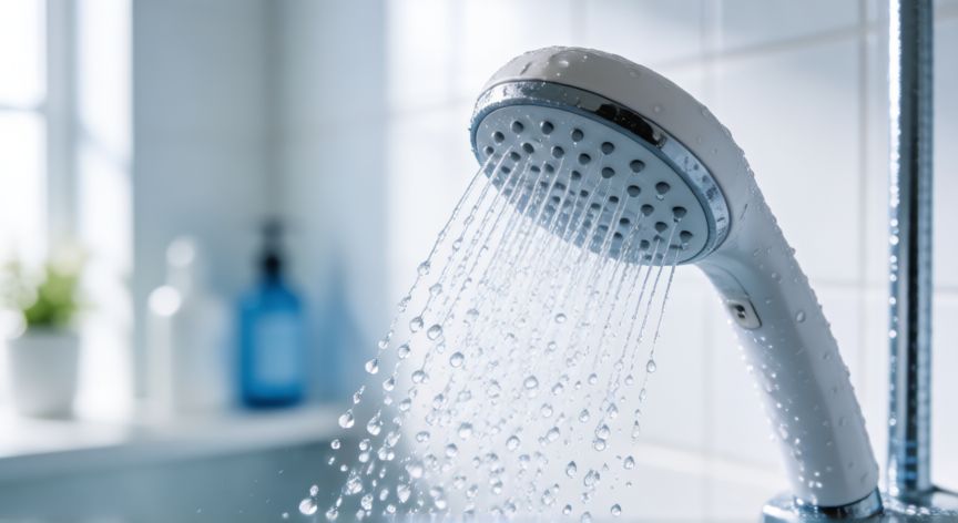 por qué ahorrar agua también ahorra energía, Cabezal de ducha con gotas de agua cayendo en un baño luminoso y moderno.