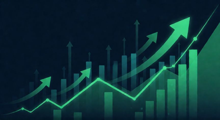 por qué ahorrar e invertir son decisiones económicas importantes, Gráfico abstracto de crecimiento financiero con flechas ascendentes y líneas verdes