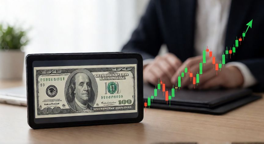 por que ahorrar en dolares, Billetera digital con dólares y gráfico de mercado financiero en ascenso