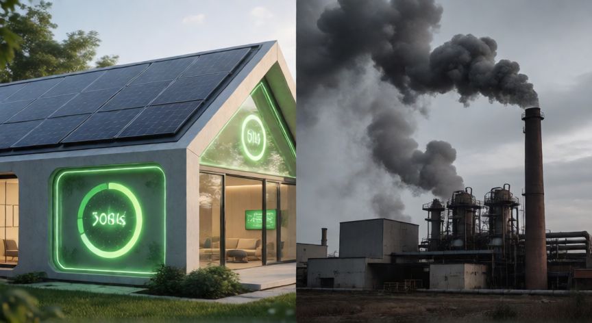 por qué ahorrar energía, Comparativa entre una casa eficiente con paneles solares y una fábrica contaminante