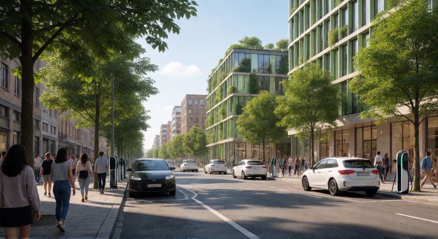 por qué ahorrar energía, Ciudad moderna con transporte eléctrico y edificios verdes promoviendo la salud pública