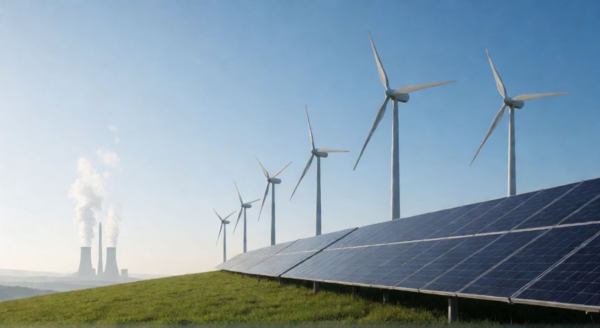 por qué ahorrar energía ayuda a cuidar el medio ambiente, Parque eólico y solar contrastando con una central de carbón en el horizonte