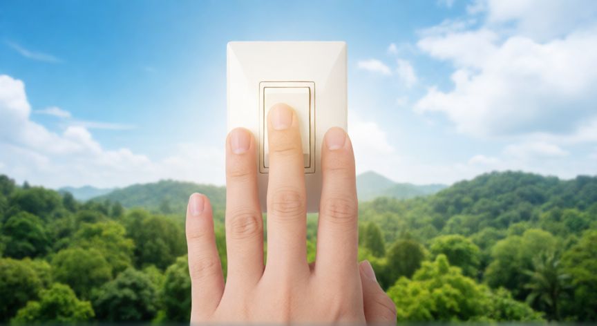 por qué ahorrar energía ayuda a cuidar el medio ambiente, Mano apagando una luz con un fondo de bosque saludable