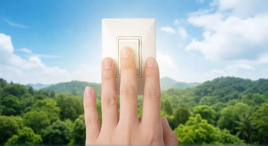 por qué ahorrar energía ayuda a cuidar el medio ambiente, Mano apagando una luz con un fondo de bosque saludable