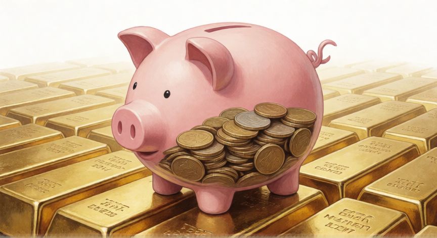 por qué ahorrar es importante, Cerro de cerdos con monedas sobre una base de barras de oro simbolizando seguridad financiera