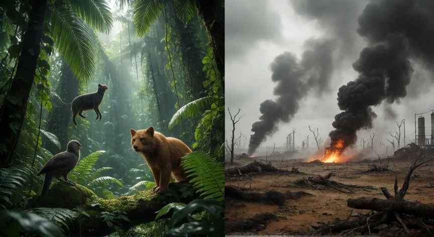 por qué algunos animales se extinguen, Orangután en una plantación de palma aceitera en el Sudeste Asiático