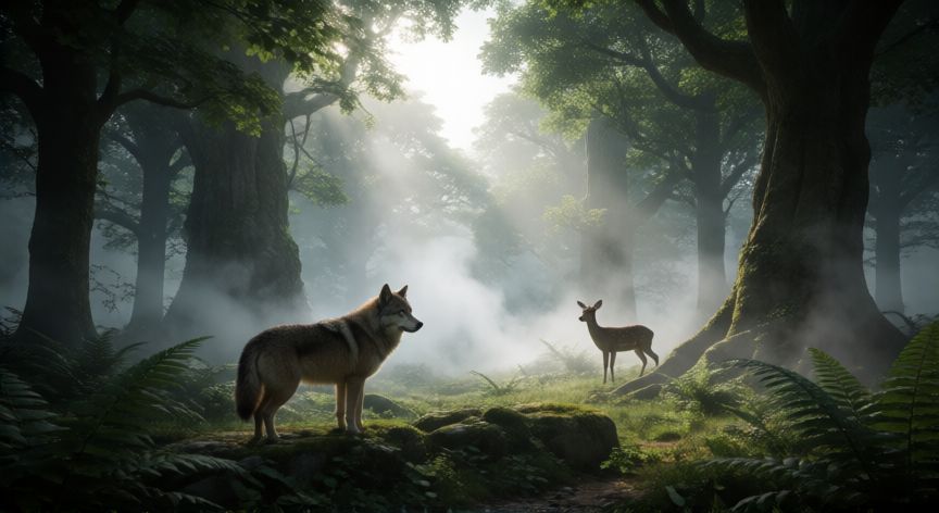 por qué animales, Paisaje forestal con fauna silvestre y atmósfera neblinosa