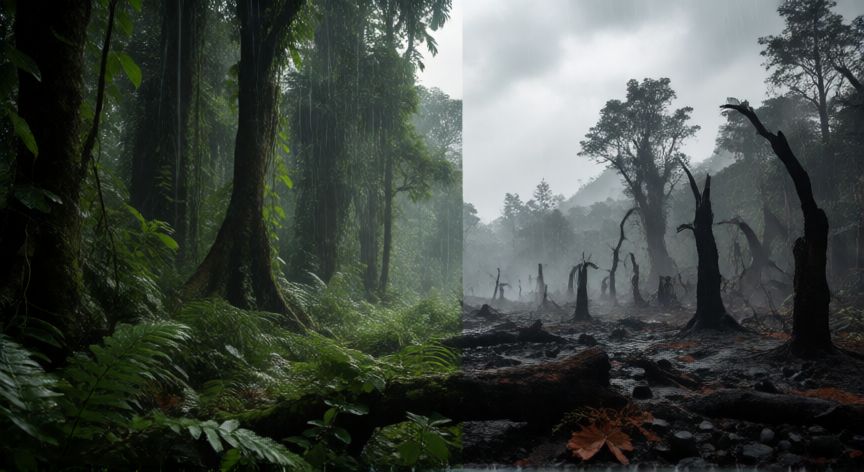 por qué animales en peligro de extinción, Comparación entre bosque virgen y zona deforestada