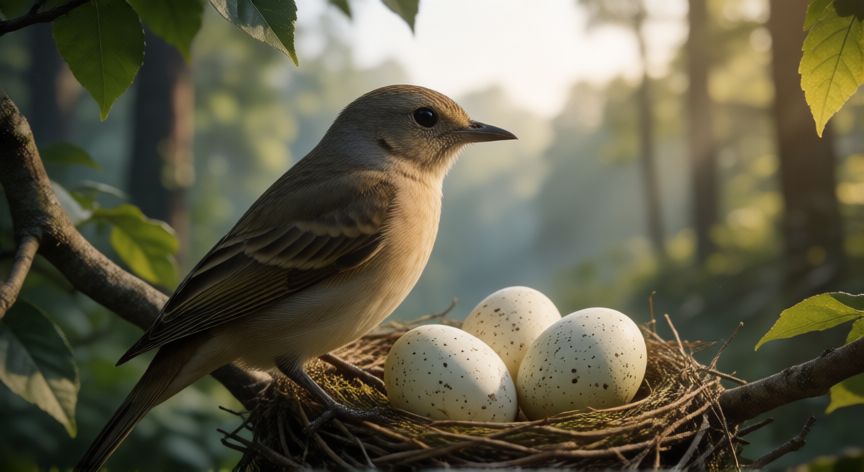 por qué animales son ovíparos, Ave incubando huevos en un nido entre ramas y hojas