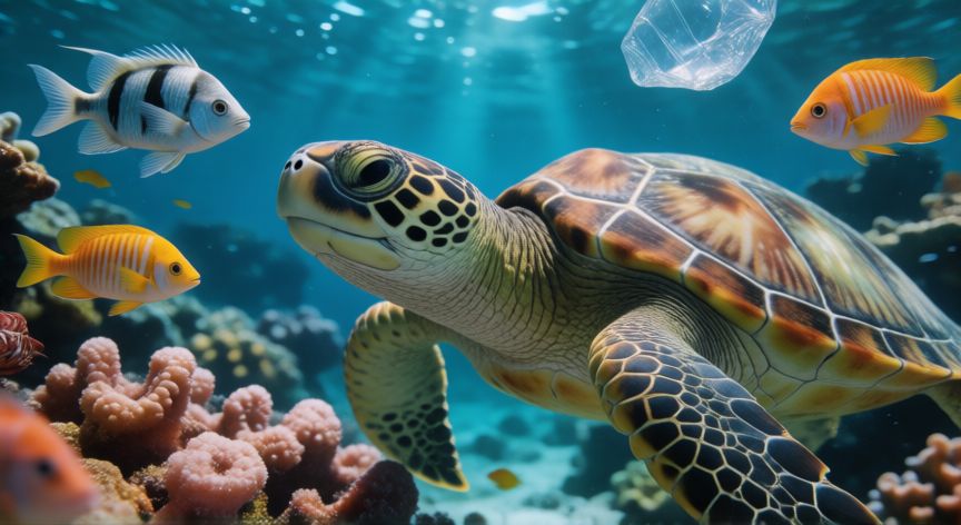 por qué hay animales que están en peligro de extinción, Tortuga marina nadando en un arrecife con contaminación por plásticos