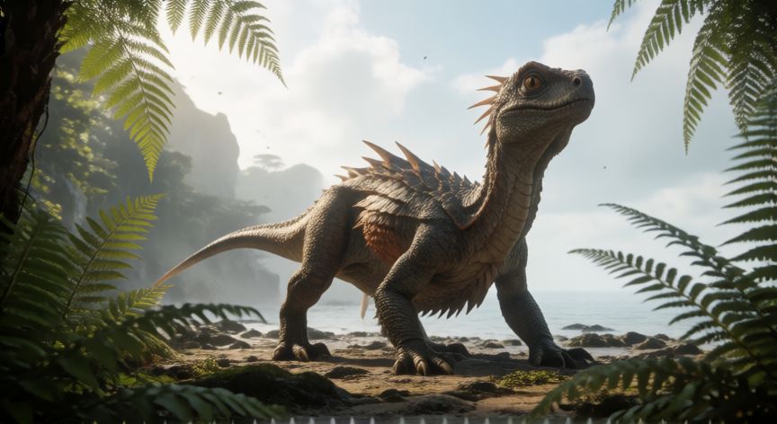 Representación de una especie en transición evolutiva en un paisaje prehistórico