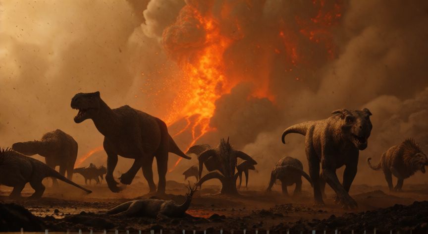 por qué hay animales que ya no existen, Paisaje prehistórico mostrando volcanes y animales extintos en un ambiente apocalíptico