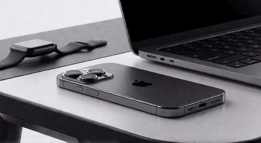 por qué iphone es tan caro, Vista detallada de un iPhone en un escritorio moderno junto a otros dispositivos Apple