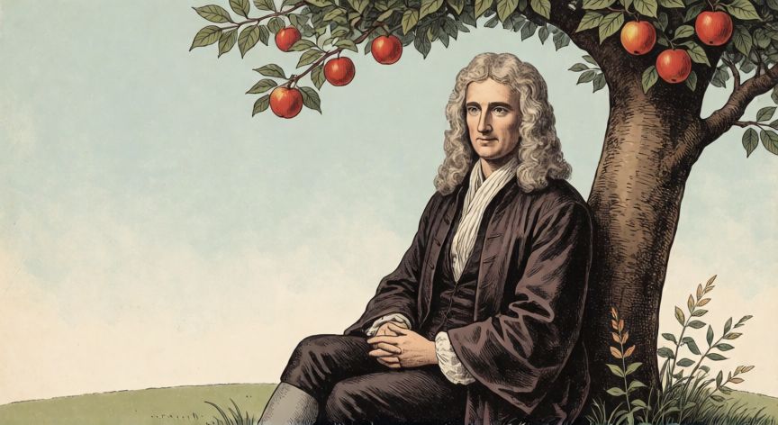 por qué iphone tiene una manzana mordida, Ilustración vintage de Isaac Newton bajo un árbol de manzanas, referencia al primer logo de Apple