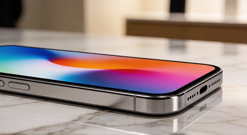 por qué iphone vamos, Primer plano detallado de un iPhone sobre una superficie de mármol