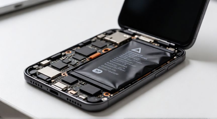 por qué iphone van ahora, Vista interna de un iPhone mostrando la batería degradada conectada a la placa base
