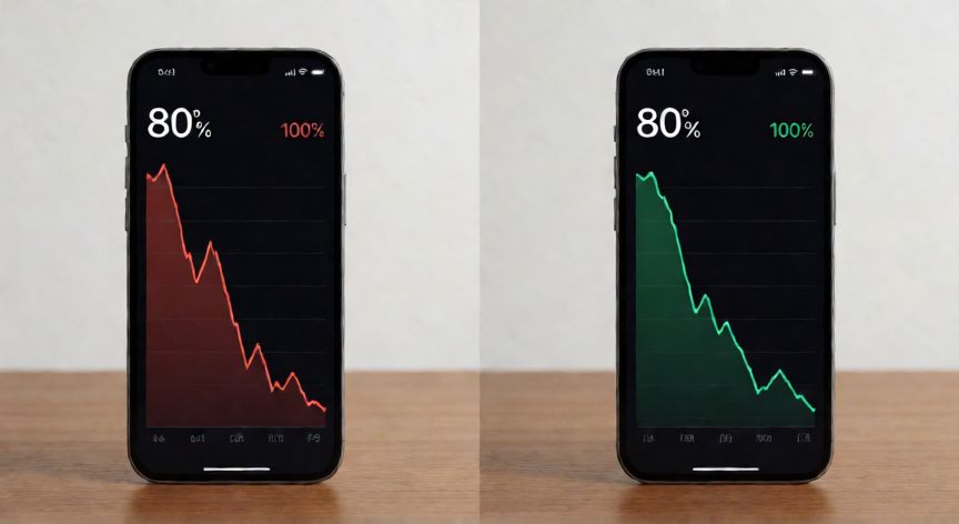 por qué iphone van ahora, Comparativa gráfica del rendimiento y salud de batería en dos dispositivos móviles