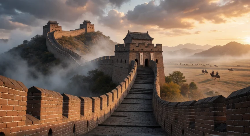 Tramo de la Muralla China sobre una cresta montañosa al atardecer con jinetes nómadas al fondo