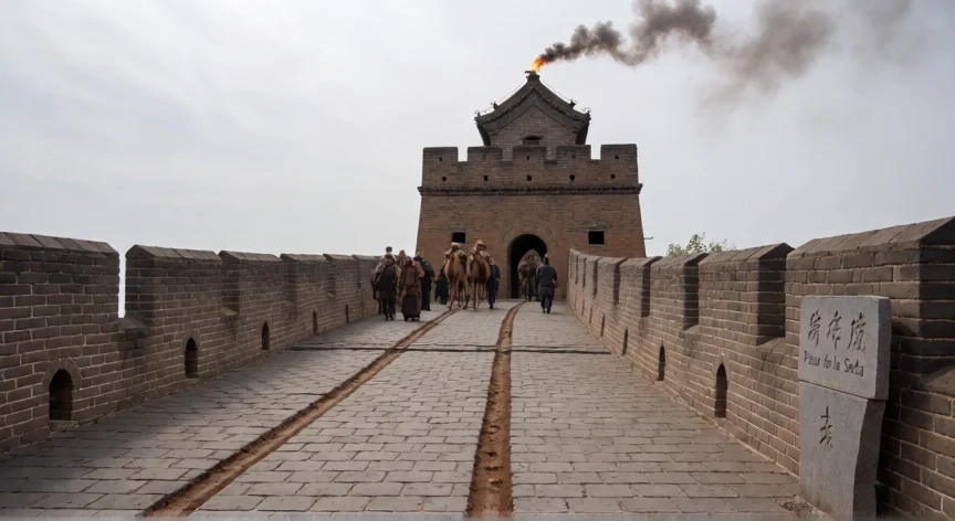 por qué los chinos hicieron la muralla china, Torre de vigilancia ming con caravana comercial cruzando el paso de la Ruta de la Seda