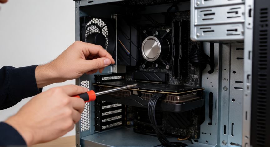 por qué mi ordenador no carga, Tecnico revisando la memoria RAM y tarjeta grafica dentro de un ordenador abierto