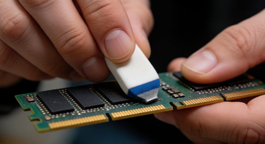 por qué mi ordenador no enciende, Limpieza de los contactos de la memoria RAM con goma