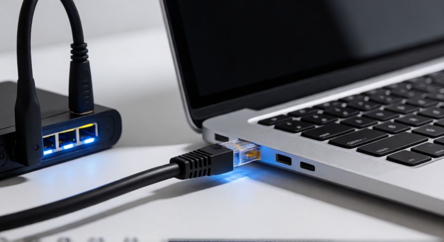 por qué mi ordenador no se conecta a internet, Cable de red conectado a un ordenador y un router con luces indicadoras encendidas