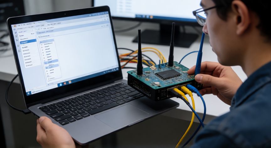 por qué mi ordenador no se conecta al wi fi, Técnico actualizando controladores de red en un portátil con el administrador de dispositivos abierto
