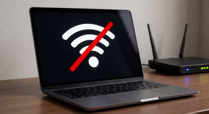 por que mi ordenador no se conecta al wifi, Portatil con icono de wifi desactivado junto a un router