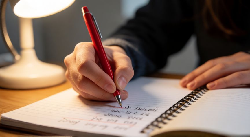 por qué ordenador no lleva tilde, Persona corrigiendo la ortografía de una palabra en un cuaderno con bolígrafo rojo