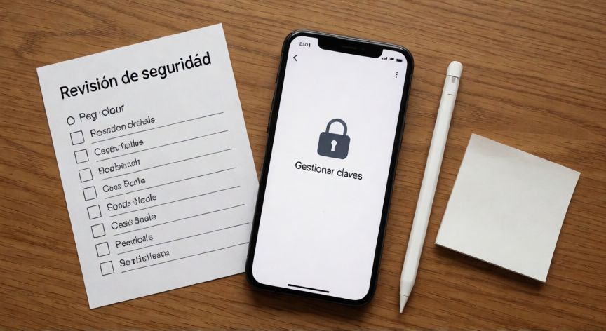 porque aparece google key en mi celular, Teléfono sobre escritorio mostrando la gestión de claves de seguridad en ajustes